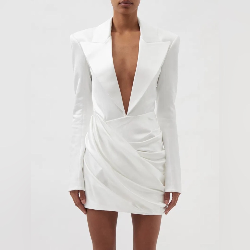 Balmain Plunge-Neck Deep V Satin Dress Mini Blazer White EU 34 0 2 NWT Authentic - Picture 12 of 16